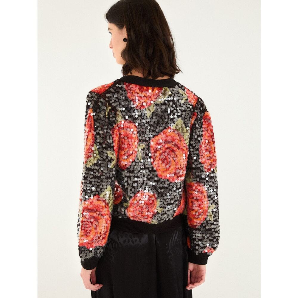 Farm Rio Black Latin Roses Buttoned Sequined Knit Cardigan - Picture 2 of 6